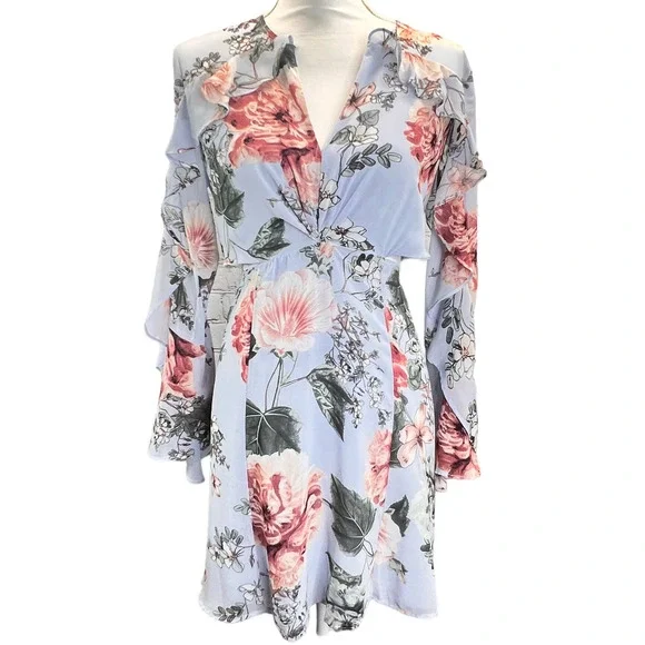 Bardot Revolve Mini Dress Blue Size 6 Floral Frill Bell Sleeves Ruffles Cut Out - Picture 4 of 12